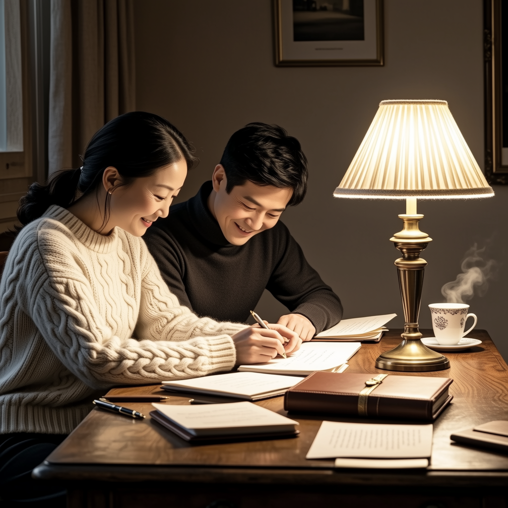 A couple writing together by lamplight