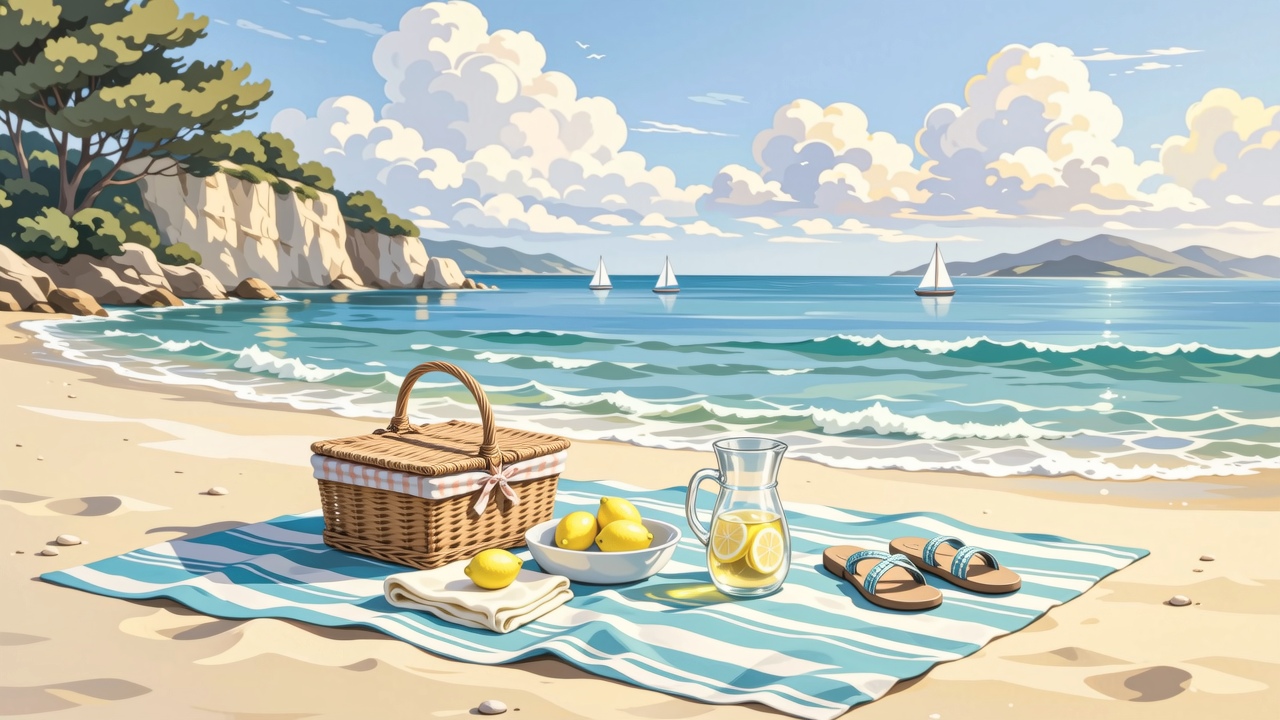 A picnic basket on a sunny beach