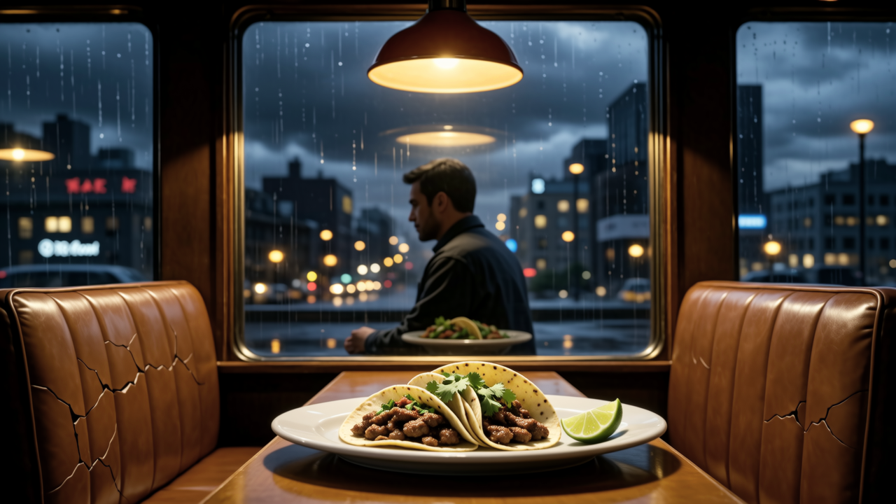 A solitary diner on a rainy city night