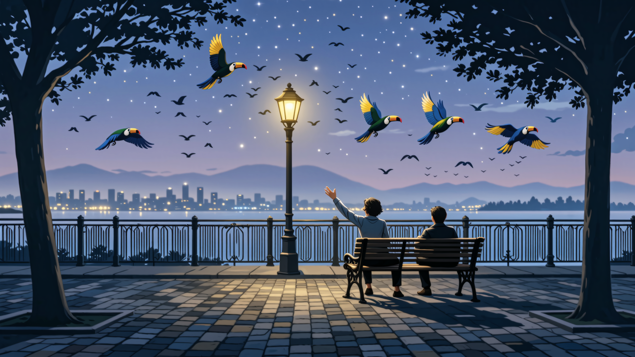 Two people on a bench watching birds at night